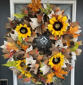 XL Deluxe Yellow Sunflower Fall Floral Deco Mesh Wreath Thanksgiving Home Decor - Picture 1 of 6