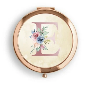 Personalisierter kompakter Taschenspiegel Roségold rosa blau Blumen Initialen Brautjungfer - Bild 1 von 3