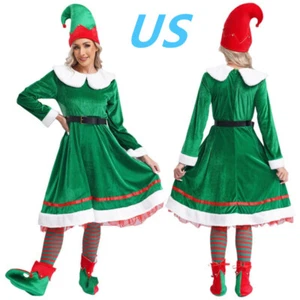 AU Womens Christmas Elf Costume Santa Helper Velvet Fancy Dress 5-piece Set - Picture 1 of 21