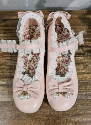 Zapatos de salón rosa 8 puntera redonda de cuero Lolita tacón medio bloque Mary Janes con perlas Foto 1 de 4