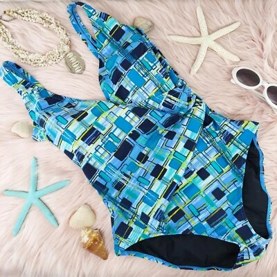 GOTTEX SWIM ONE PIECE BLUE SWIMSUIT SURPLICE WOMEN'S SIZE 16 V-NECK WIDE STRAP  - Image 1 of 4