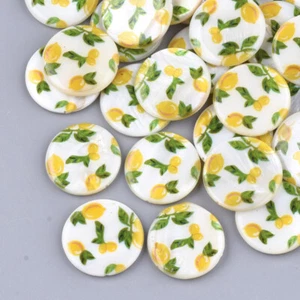 10pcs Printed Shell Beads Flat Round Lemon Pattern 23.5~24.5mm Craft Finding - Picture 1 of 3