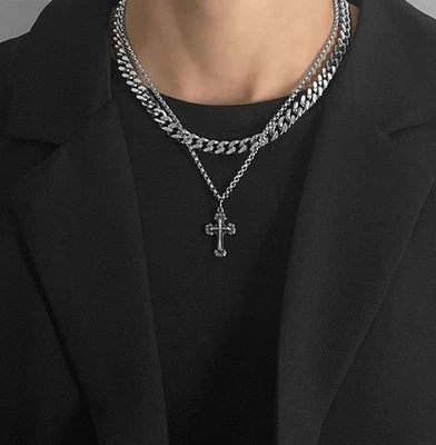 Mens Double Layer Cross Necklace Stainless Steel Chain Hip Hop Unisex Women  New - Image 1 of 4