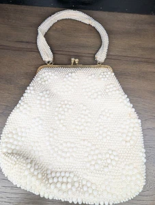 Vintage Candy Dot Beaded Purse Paisley Handbag Clutch Kiss Clasp 60s MCM White - Picture 1 of 17
