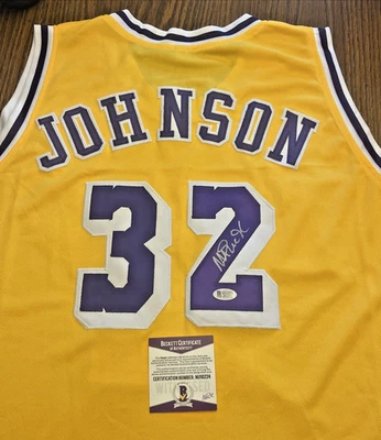 Magic Johnson LA Lakers Signed Yellow Pro Style Jersey - Beckett Witness Coa - Image 1 of 4