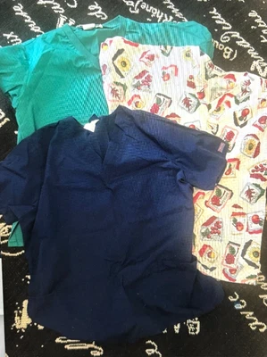 LOT of 3 Sz L Asst SCRUB TOPS Medical Nurse Sunflower LANDAU Green ANGELICA Blue - Image 1 of 4