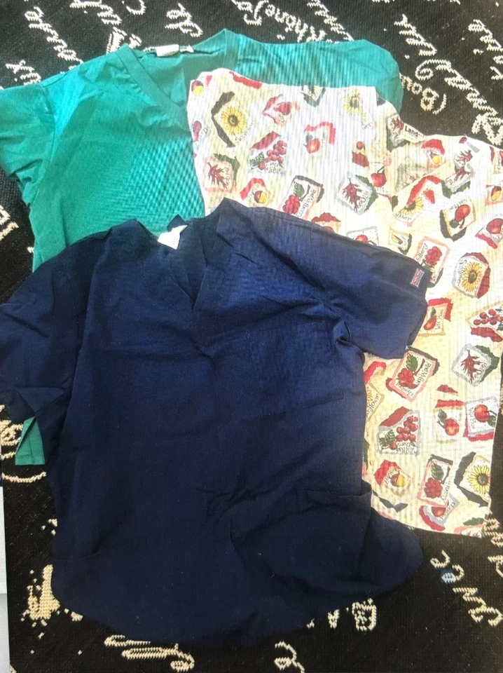 LOT of 3 Sz L Asst SCRUB TOPS Medical Nurse Sunflower LANDAU Green ANGELICA Blue - Image 1 of 4