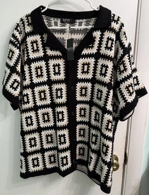 BoohooMAN негабаритный квадратный крючком трикотажа Revere рубашка, черный, средний, новый с ярлыками - Изображение 1 из 4