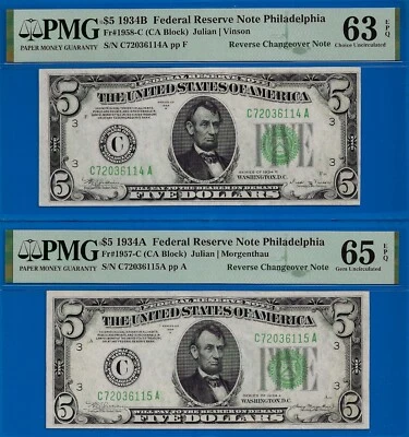 1934A/1934B $5 Federal Reserve Note PMG 65,63EPQ Changeover Pair - Image 1 of 2