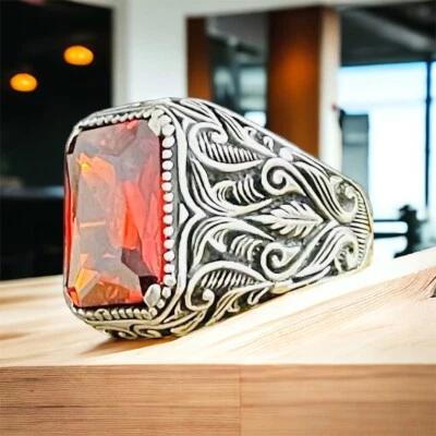 925 Argento Sterling Rosso Zircone Floreale Lusso Design Uomo Anello - Immagine 1 di 4