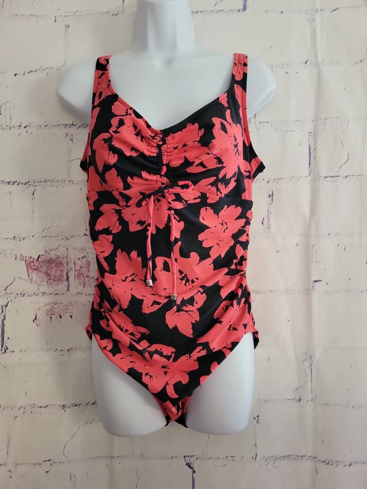 Traje de baño verde aguamarina de una pieza grande coral rosa floral grande acolchado cuello en V lazo Foto 1 de 4