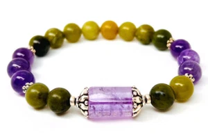 8mm Jade and Amethyst Bracelet with Silver and Gold Lotus, Nurturing, Protection - Picture 1 of 13
