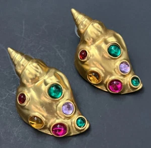 Matte Gold Seashell Conch Shell Earrings Mogul Cabochon Pierced Statement Bold - Picture 1 of 9