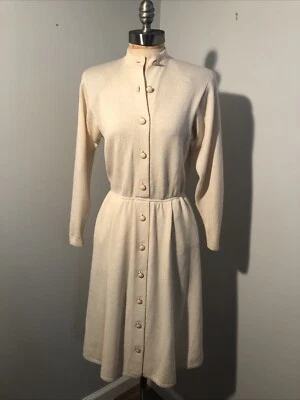 Vestido Vintage St John Marfil Santana Tejido Botón Bolsillos Frontales 4 S EE. UU. Foto 1 de 4