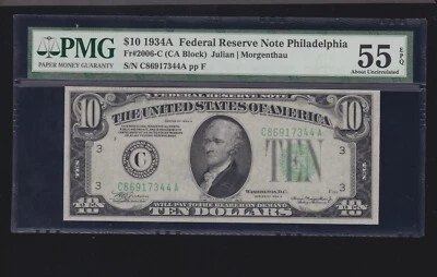 US 1934A $10 FRN Philadelphia FR 2006-C PMG 55 EPQ Ch AU (344) - Image 1 of 2