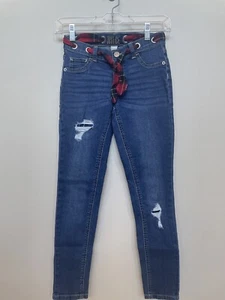 Justice Girls MidRise Jegging with Rips and Plaid Tie Belt Gently Used Condition - Picture 1 of 5