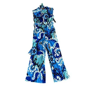 Donna Morgan Women's Cream/Blue Printed Mock Neck Tie-Back Jumpsuit - 8 - Picture 1 of 11