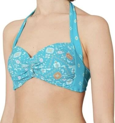 Seafolly Inka Gypsy Bikini Top Size 10  Eden Blue Twist Front Padded Halter Neck - Image 1 of 4