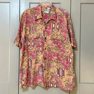Vintage Reyn Spooner Graphic Print Rayon Camp Shirt Multicolor Pink Men’s Size L - Picture 1 of 7