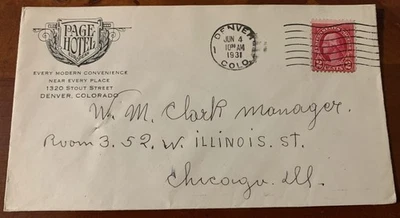 Page Hotel Ad cover- Denver, CO - 1931; 2-cent cancelled stamp - Image 1 of 3