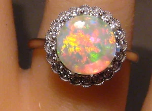 Opal & Diamond Ring , Solid  14 k  White  Gold  9.4 mm round Brightness 5 - Picture 1 of 14
