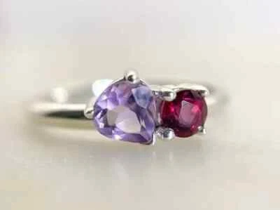 Vintage Engagement Ring Pear Shape Natural Amethyst Ring Pink Tourmaline Ring. - Image 1 of 4
