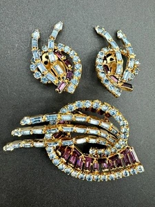 Kramer New York Vintage Blue And Amethyst Rhinestone Brooch And Earring Set - Picture 1 of 8