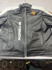 Men's Black White Racing Leather Jacket Original , Quilted Shoulder Embroidered - Picture 1 of 8