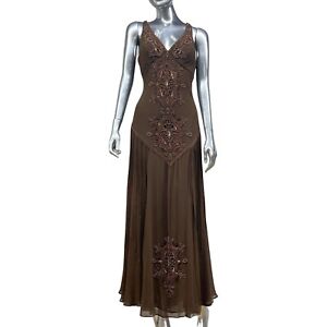 VTG Sue Wong Nocturne Silk Halter Dress Long Fit Flare Beaded Fairy Brown Size 6