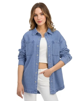 HISEA Mujeres Denim Chaqueta Jean Camisa Cambray Chaqueta De Gran Tamaño Lavado Azul-L Foto 1 de 4