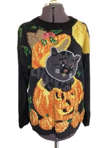 VTG Halloween Knit Sweater Size M Artsy Spooky Cottage Cat Moon Pumpkin Patch - Picture 1 of 16
