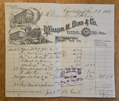 1905 William M. Bird & Co. Aceites, pinturas y recibo, Charleston, Carolina del Sur Foto 1 de 4