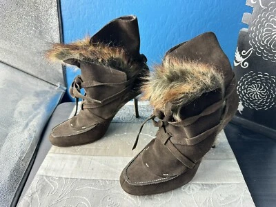 Botines JLO Jennifer Lopez 8M Halo Marrón Cuero Imitación Piel Tacón Con Cordones Foto 1 de 4