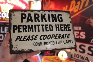 RARE 1953 CONNECTICUT BOARD FISH GAME PARKING EMBOSSED PAINTED METAL SIGN CAMP - Picture 1 of 10