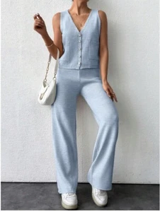 Two-Piece Set Solid Color Simple Daily Wear Knit Vest & Long Pants. Baby Blue. M - Picture 1 of 9