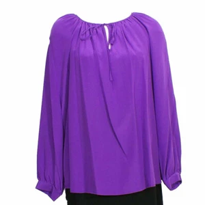 RALPH LAUREN Purple Silk Crepe Shirred Split Keyhole Neck Blouse Top 14W - Picture 1 of 3