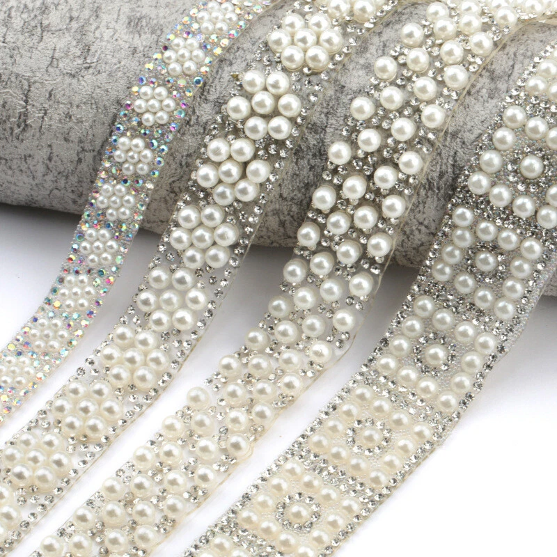 NEW 10Yards Bling Crystal Pearls Rhinestone Trim Tape  Wedding Ribbon Crafts DIY - Image 1 of 4