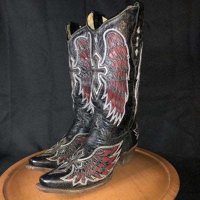 Botas Corral para mujer 9 negras rojas alas cruzadas desgastadas punta corta vaquero occidental Foto 1 de 4