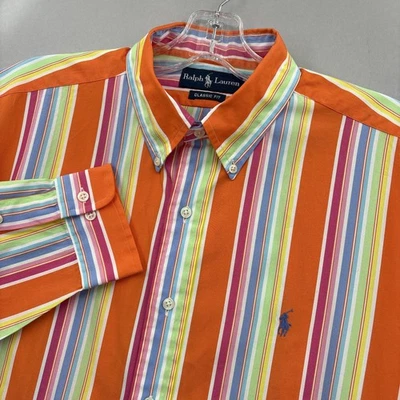 Винтажная мужская рубашка Ralph Lauren большая оранжевая с несколькими полосками цветная классическая поло - Изображение 1 из 4