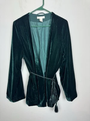 H & M женщин зеленый праздник бархата халат куртка с кисточки ремень размер 10 новый - Изображение 1 из 4