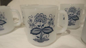 5 Vintage Milk Glass GLASBAKE BLUE ONION PATTERN MUGS Stackable - Picture 1 of 3