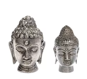 Dekofigur Buddha Metallfigur Kopf Figur versilbert Glücksbringer Feng Shui Thai - Picture 1 of 16