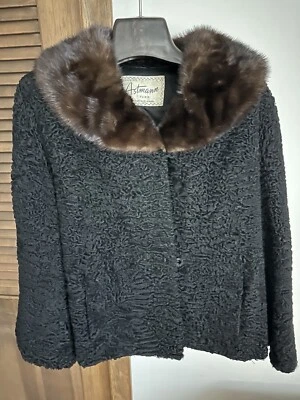 Chaqueta corta vintage años 50 damas cordero persa negro con cuello de visón piel Foto 1 de 4