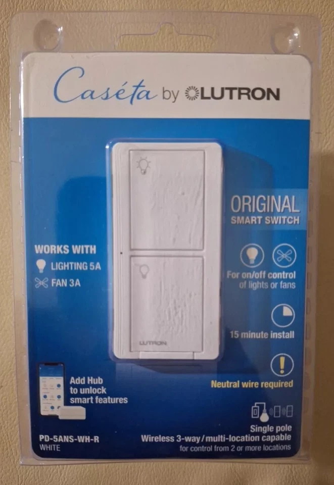 🆕 Interruptor inteligente original Lutron de Caseta, para luces5A y ventiladores3A (PD-5ANS-WH-R) Foto 1 de 4