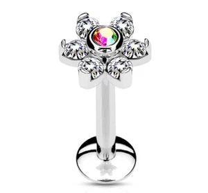 Lip Monroe Stud 16 Gauge 1/4" Flower Clear/Aurora 6mm Gems Internal Thread Steel - Picture 1 of 3