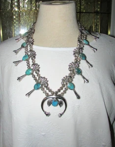 VTG Navajo Squash Blossom Necklace Native American Turquoise 206 Grams Large 24" - Picture 1 of 16