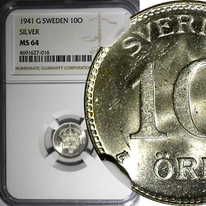 SWEDEN Gustaf V Silver 1941 G 10 Ore NGC MS64 WWII ISSUE KM# 780 (016) - Picture 1 of 4