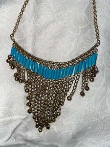 ^VINTAGE  gold toned turquoise colored chain type necklace  10 in  pre-owned - Picture 1 of 5