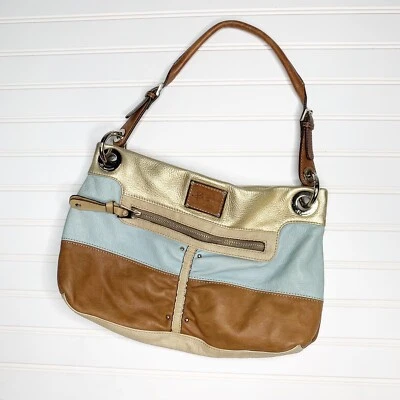 B. Makowsky Leather Purse Bag Gold Blue Brown Color Block Satchel Shoulder Bag - Image 1 of 4