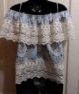 No Boundaries Off The Shoulder Top Junior Size XL Lt Blue Paisley Ruffle Lace - Picture 1 of 12